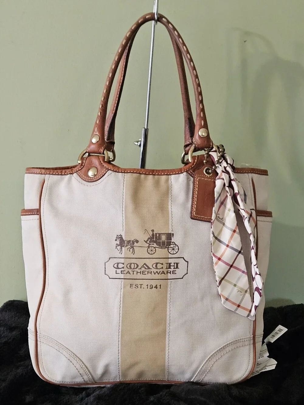 Coach Ltd Ed Heritage Canvas Leather Tote With Scarf, Tattersall Lining